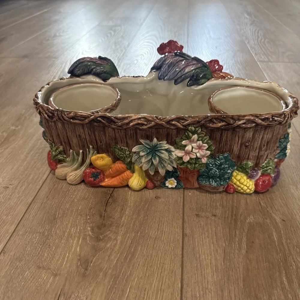 RARE Vintage Fitz and Floyd Coq Du Village‎ Rooster 2 Herb Pots and Tray Planter